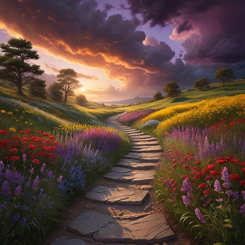 A vivid depiction of a winding path leading from a dark, stormy landscape into a bright, sunlit meadow filled with blooming flowers. The contrast of emotions is illustrated through shifting colors, with shades of gray transitioning to vibrant colors as the journey unfolds. Each step along the path is marked with words representing different emotions, glowing softly. An ethereal light breaks through the clouds, symbolizing hope and healing. super-realistic. vibrant colors. 3D.