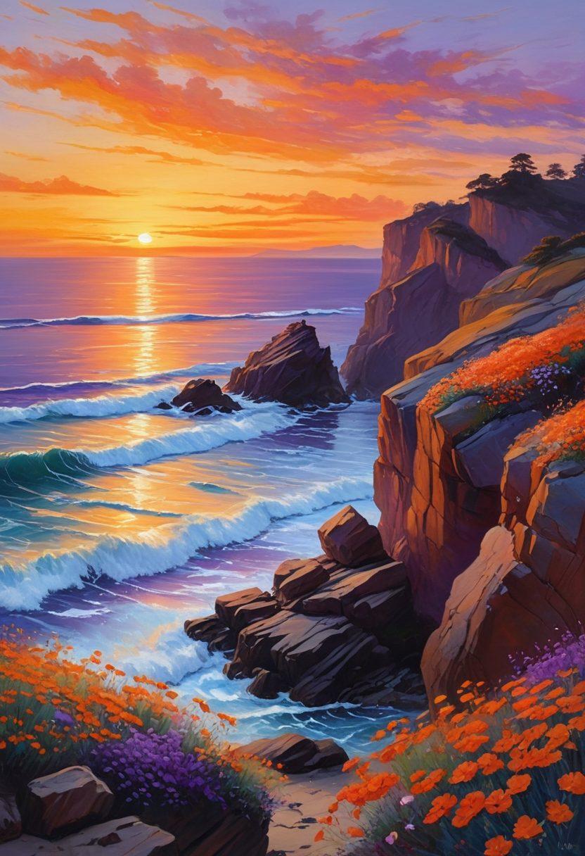 A serene landscape depicting a lone figure sitting on a cliff edge, gazing at a sunset with shades of orange and purple symbolizing hope amidst melancholy. Surrounding them are subtle symbols of sadness like wilting flowers, interspersed with vibrant blooms representing resilience. Gentle waves crash below, softly reflecting the twilight sky. The atmosphere evokes a sense of introspection and healing. Impressionistic painting style. vibrant colors.