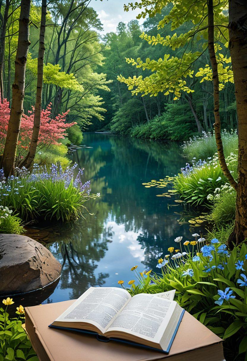A serene landscape depicting a gentle river flowing through a lush forest, symbolizing emotional clarity. Along the riverbank, a diverse range of flowers bloom, each representing different emotions, contrasting with subtle shades of blue and gray in the sky above. An open book floats gently on the water, its pages turning, revealing synonyms for sadness. Capture the essence of emotional wellness through calming colors and soft light. vibrant colors. super-realistic.